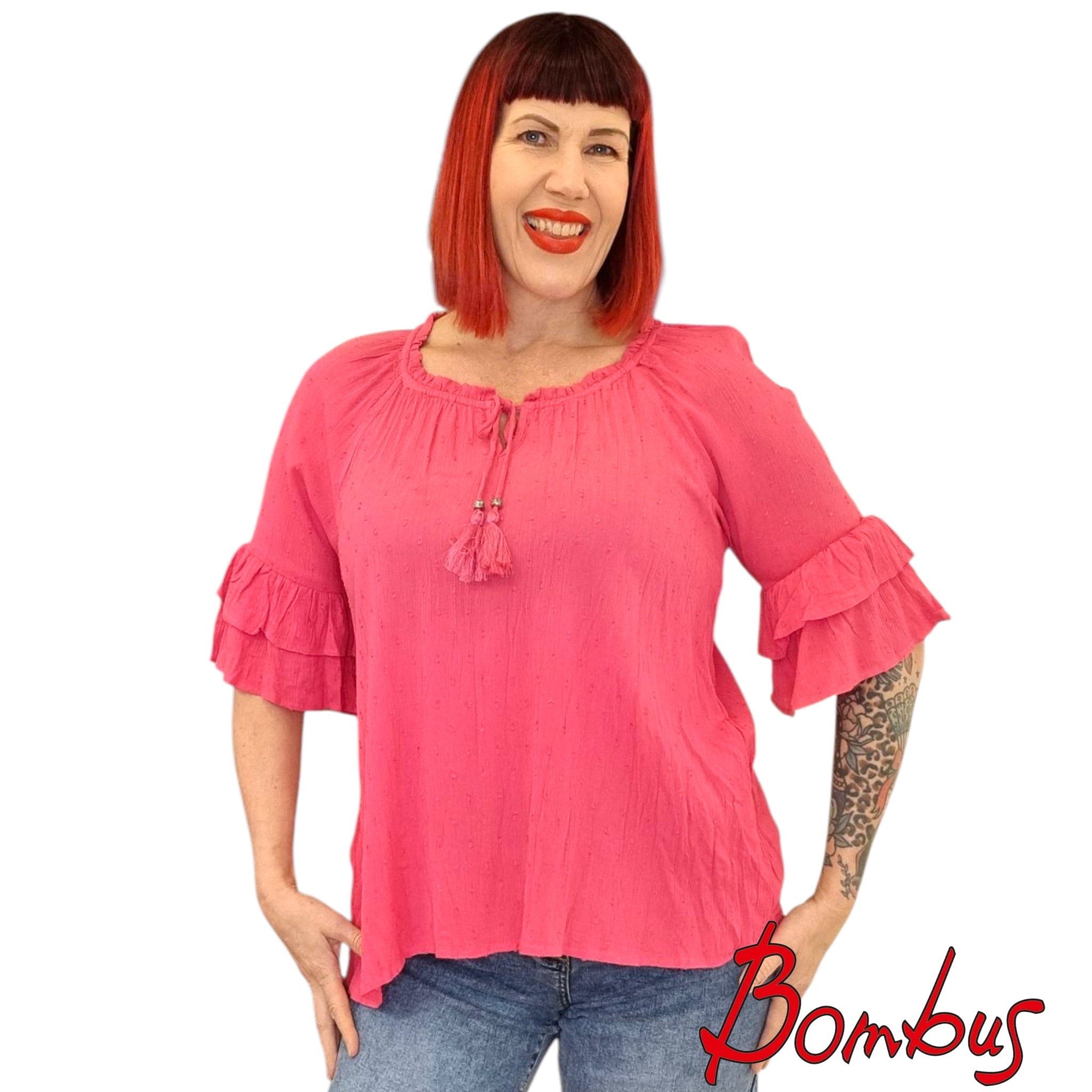 Pusero, Dobby Frill Sleeve Hot Pink