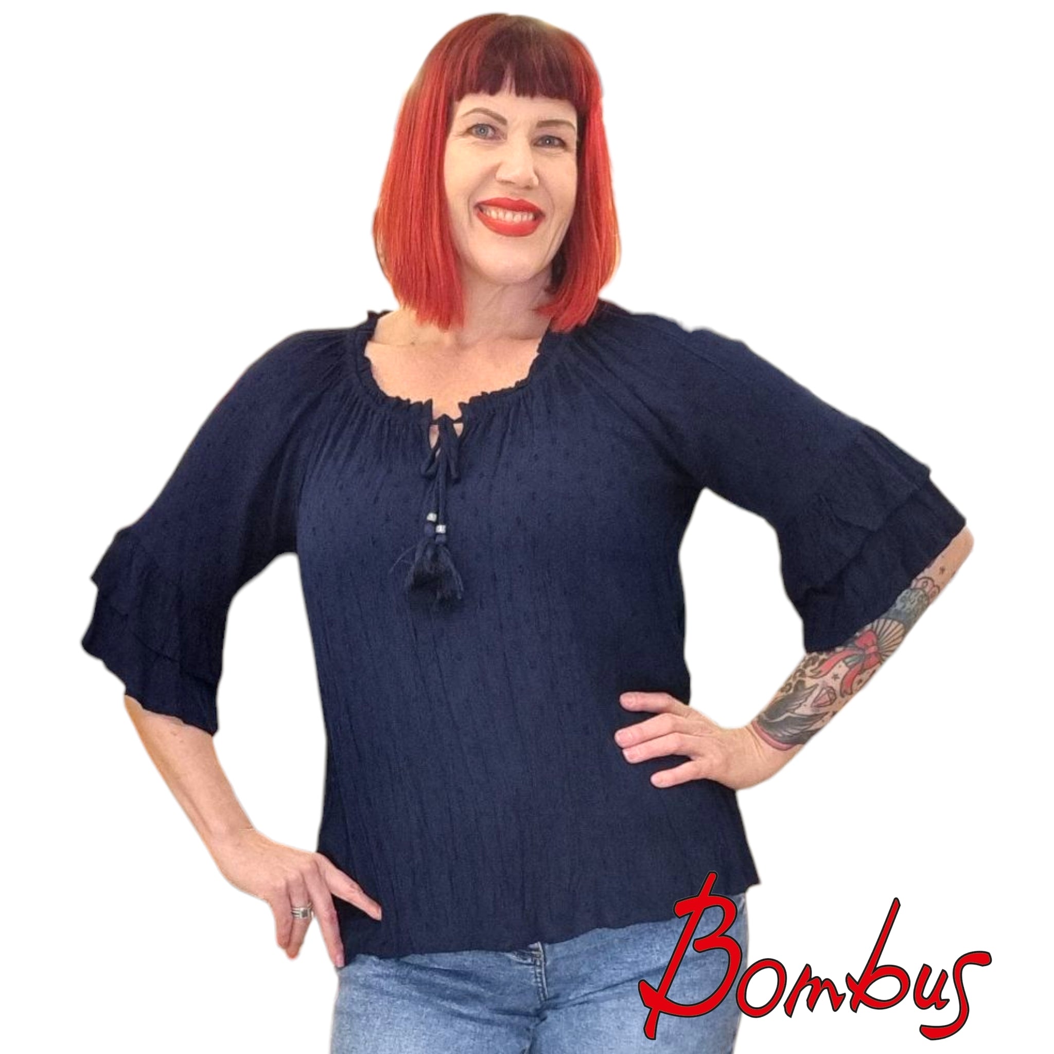 Pusero, Dobby Frill Sleeve Navy