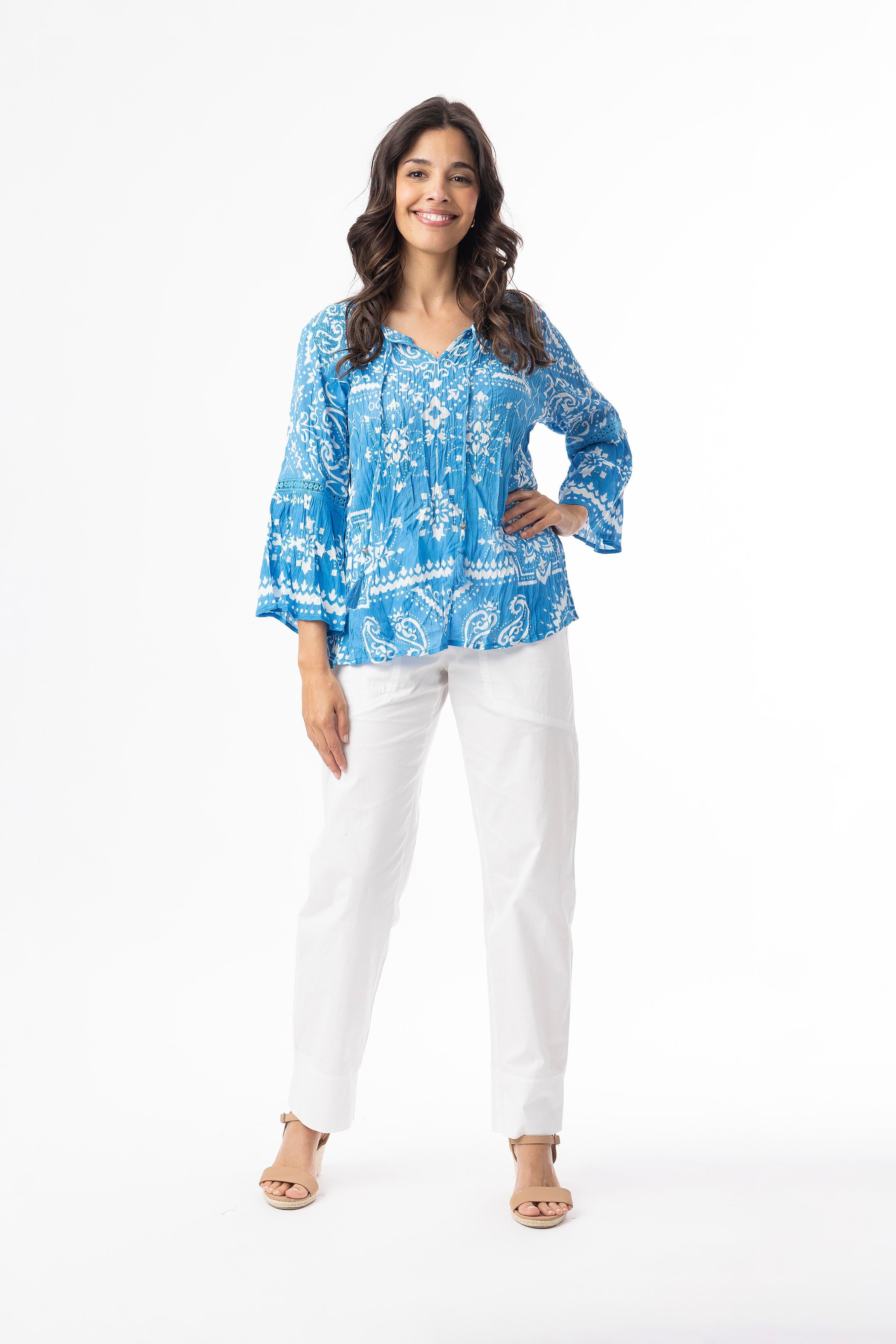 Pusero, Boho Frill Sleeve Bandana Blue