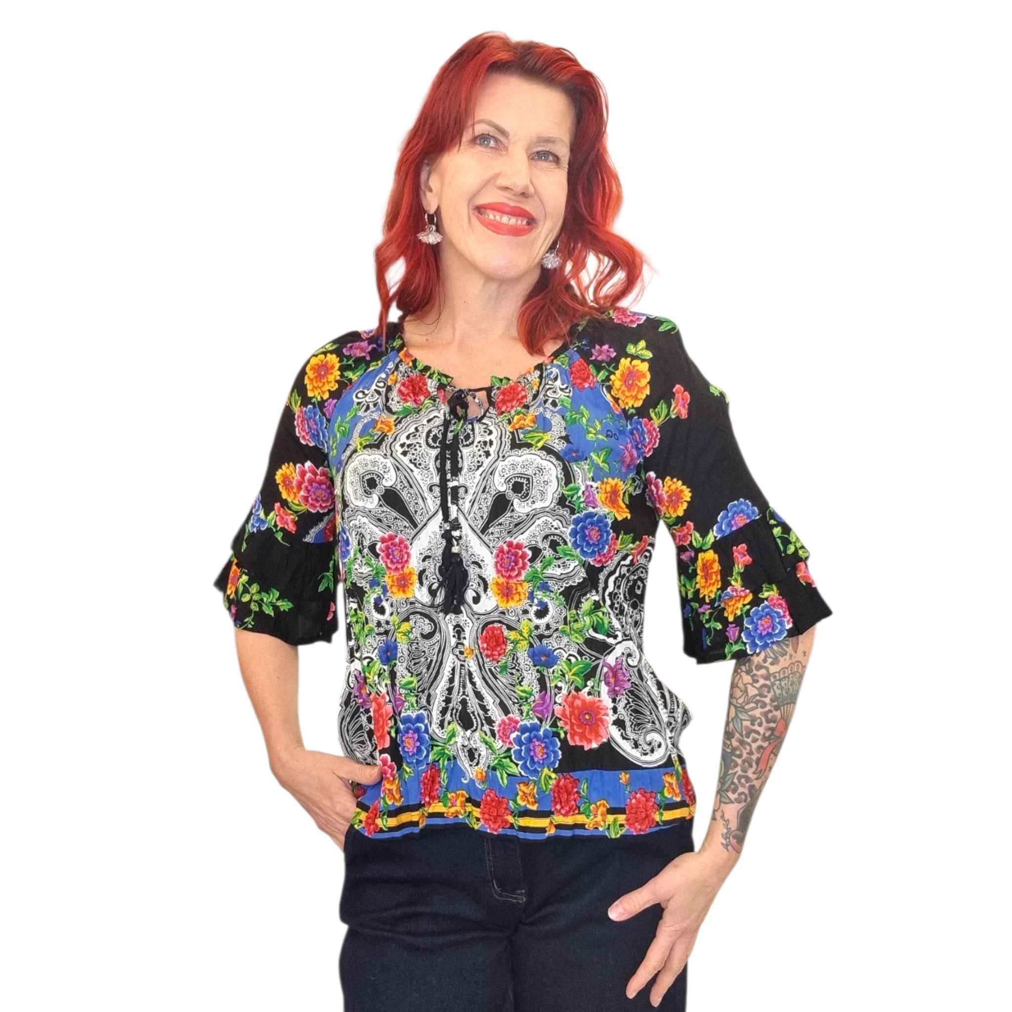 Pusero, Boho Frill Sleeve Paisley Panel Black