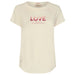 Mos Mosh, naisten kermanvärinen T-paita. Edessä painatus LOVE + tekstiä.