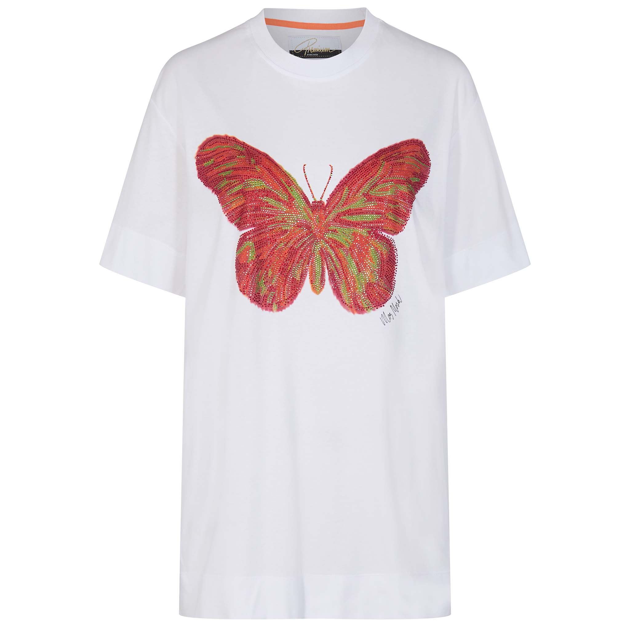 Mos Mosh, valkoinen, väljä T-paita. Edessä iso, strassein koristeltu perhospainatus.