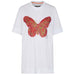 Mos Mosh, valkoinen, väljä T-paita. Edessä iso, strassein koristeltu perhospainatus.