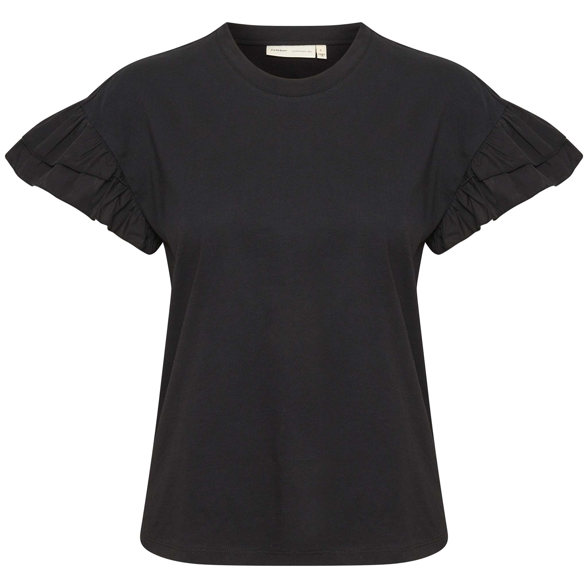 In Wear, musta t-paita, jossa on frilla-hihat. Etukuva.