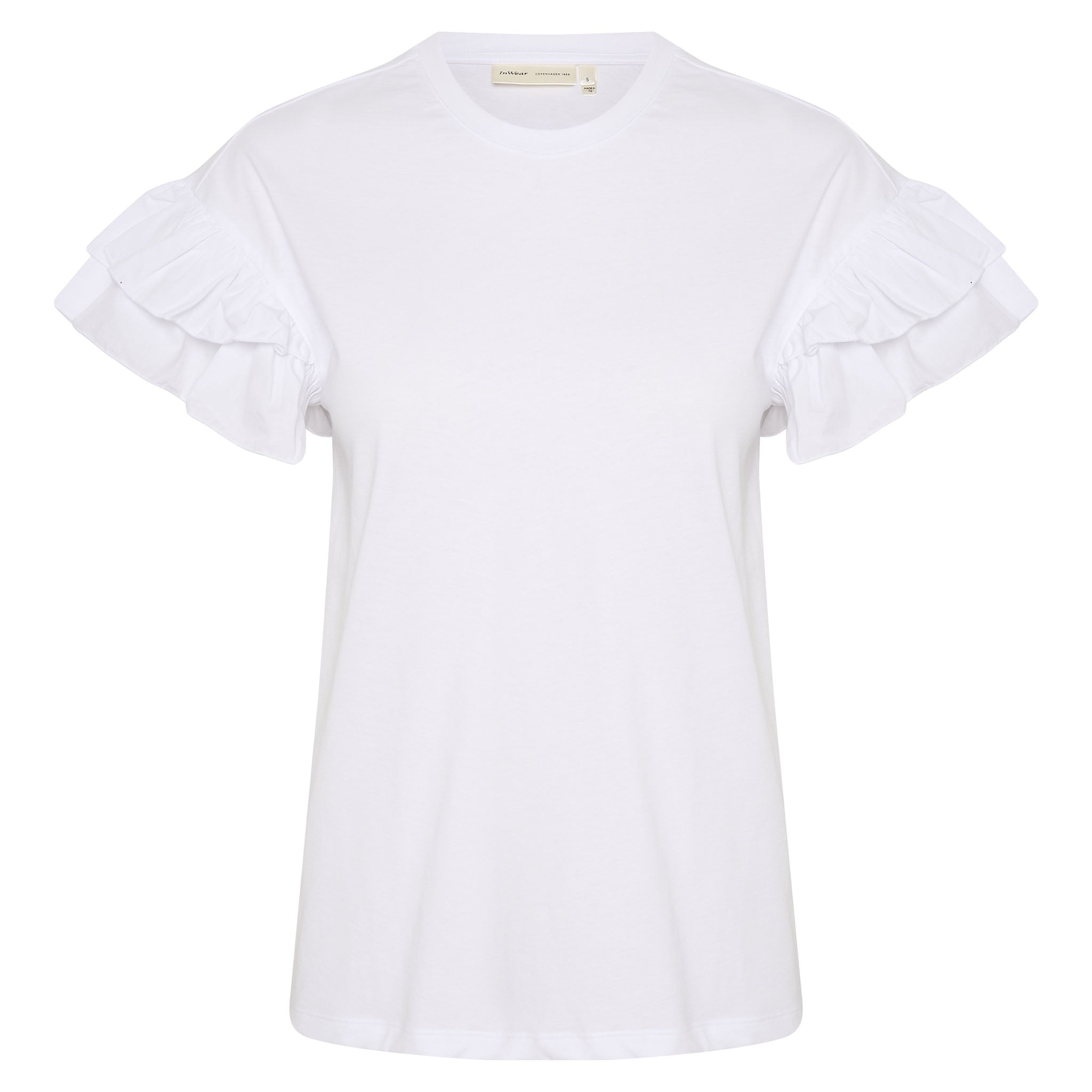 In Wear, valkoinen t-paita, jossa on frilla-hihat. Etukuva.