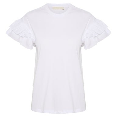 In Wear, valkoinen t-paita, jossa on frilla-hihat. Etukuva.
