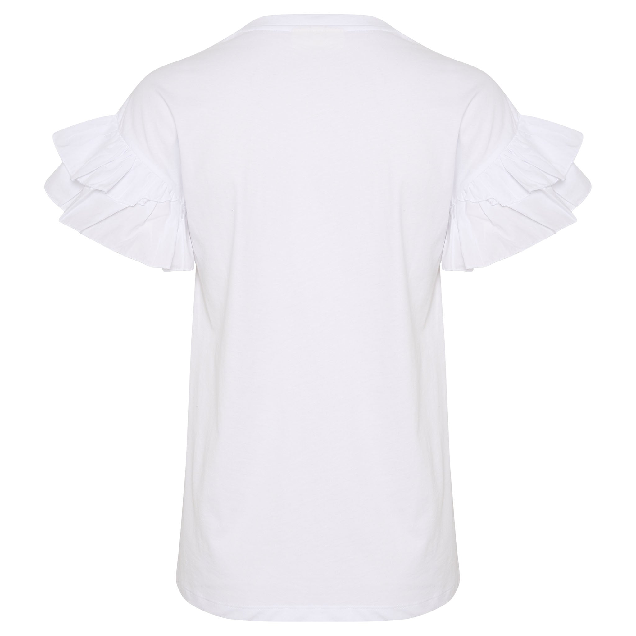 In Wear, valkoinen t-paita, jossa on frilla-hihat. Takakuva.