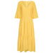 In Wear, kirkkaan keltainen, pitkä mekko. Frillat hihoissa ja helmassa. Etukuva.