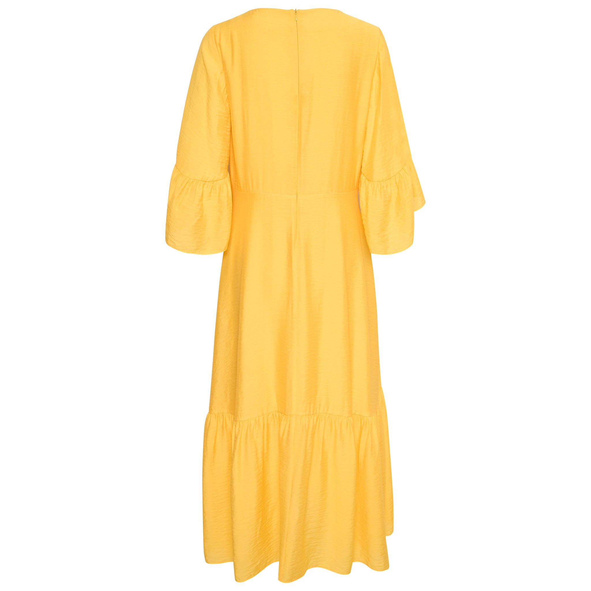 In Wear, kirkkaan keltainen, pitkä mekko. Frillat hihoissa ja helmassa. Takakuva.