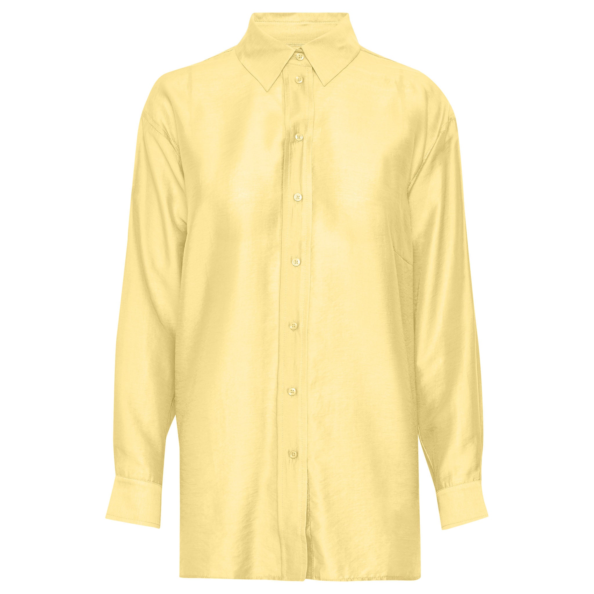 In Wear. Keltainen, hieman kiiltäväpintainen, läpikuultava naisten väljä paitapusero. Etukuva.