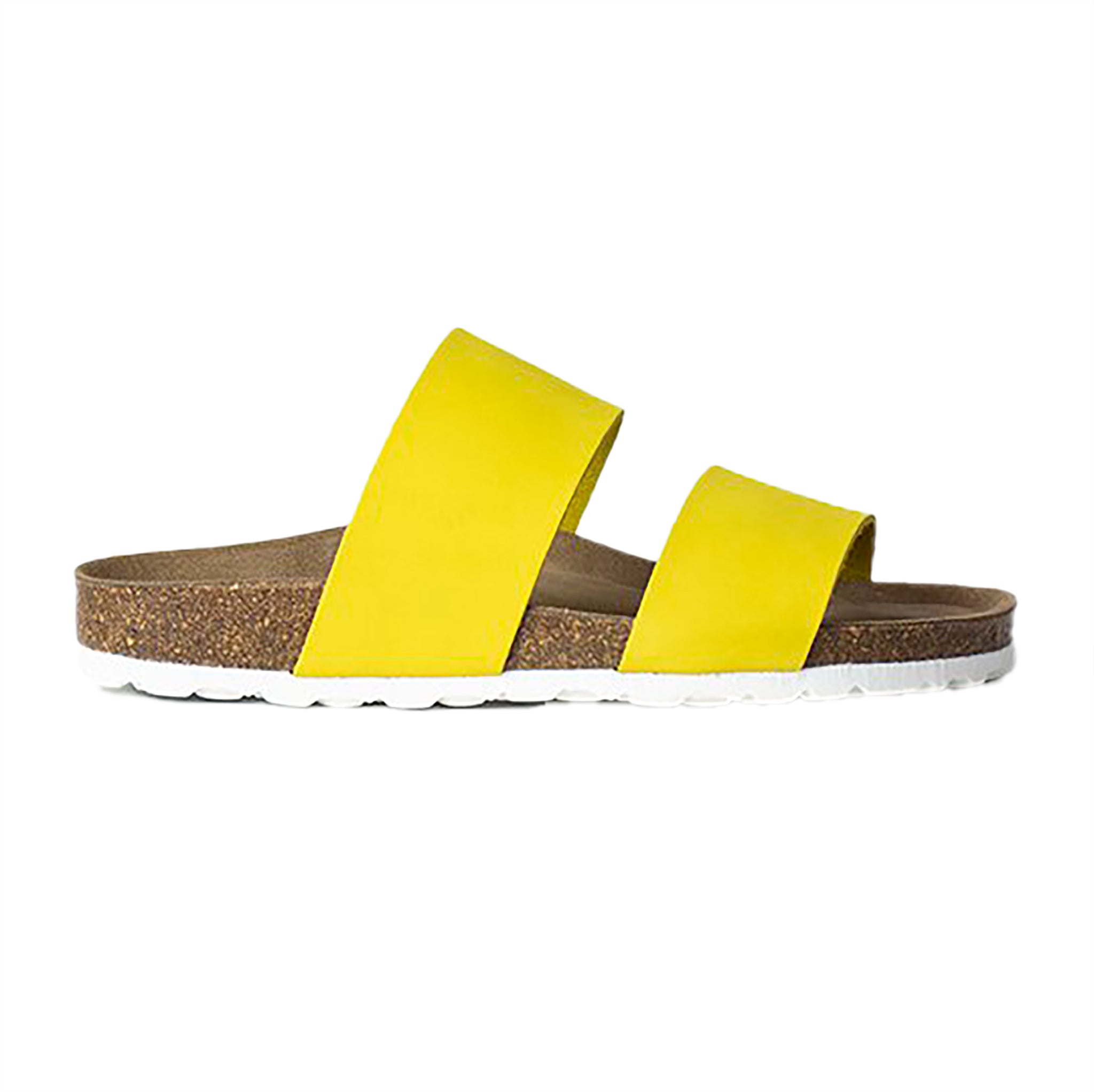 Re:Designed Kelli sandaali. Päällisessä kaksi leveää vyötettä, keltaista nahkaa. Pohja ruskea ja valkoinen. Sivukuva.