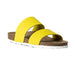 Re:Designed Kelli sandaali. Päällisessä kaksi leveää vyötettä, keltaista nahkaa. Pohja ruskea ja valkoinen. Sivuetukuva.