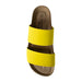 Re:Designed Kelli sandaali. Päällisessä kaksi leveää vyötettä, keltaista nahkaa. Pohja ruskea ja valkoinen. Yläkuva.