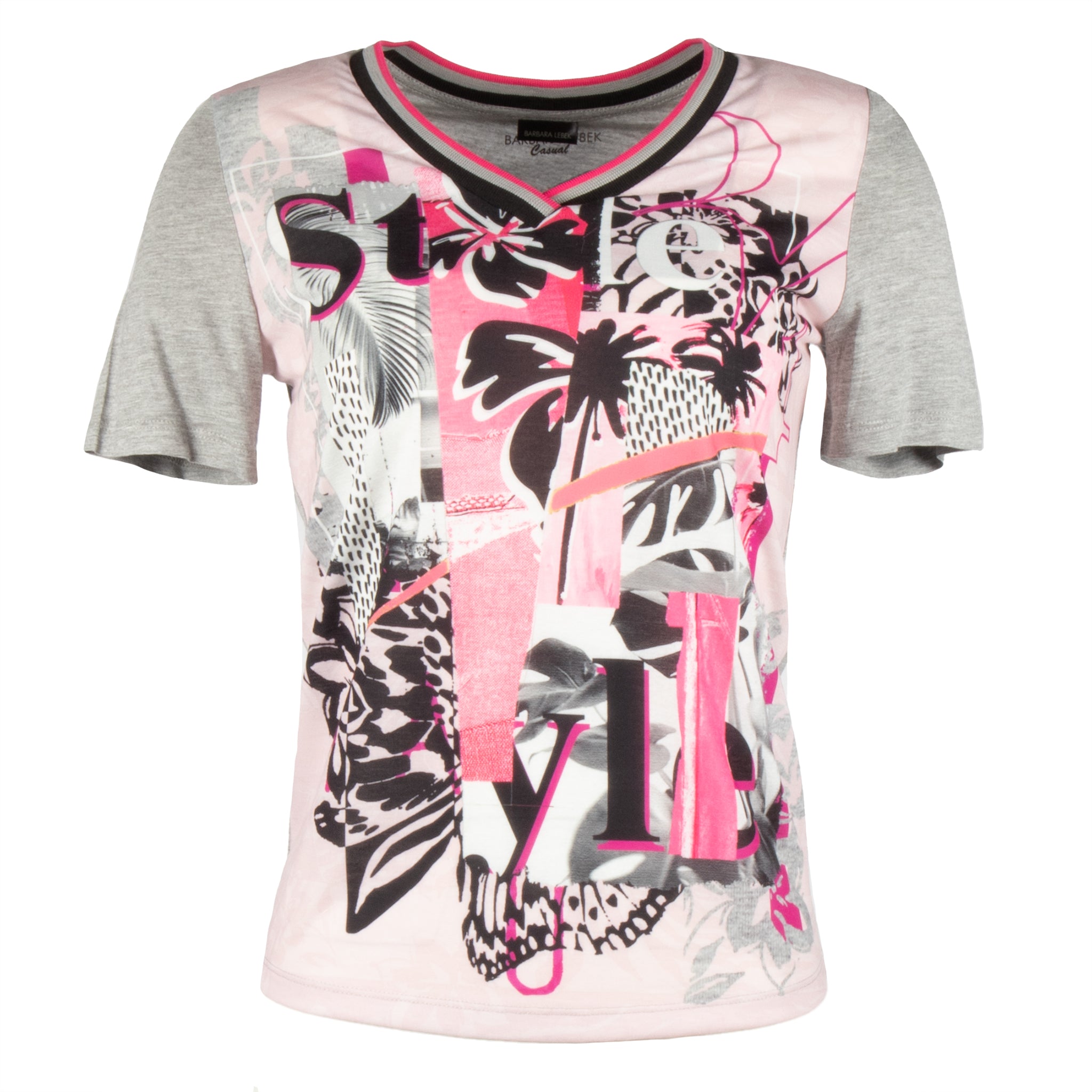 Hieman sporttihenkinen T-paita Barbara Lebekiltä. Edessä printti, jossa pinkin ja vaaleanpunaisen eri sävyjä.