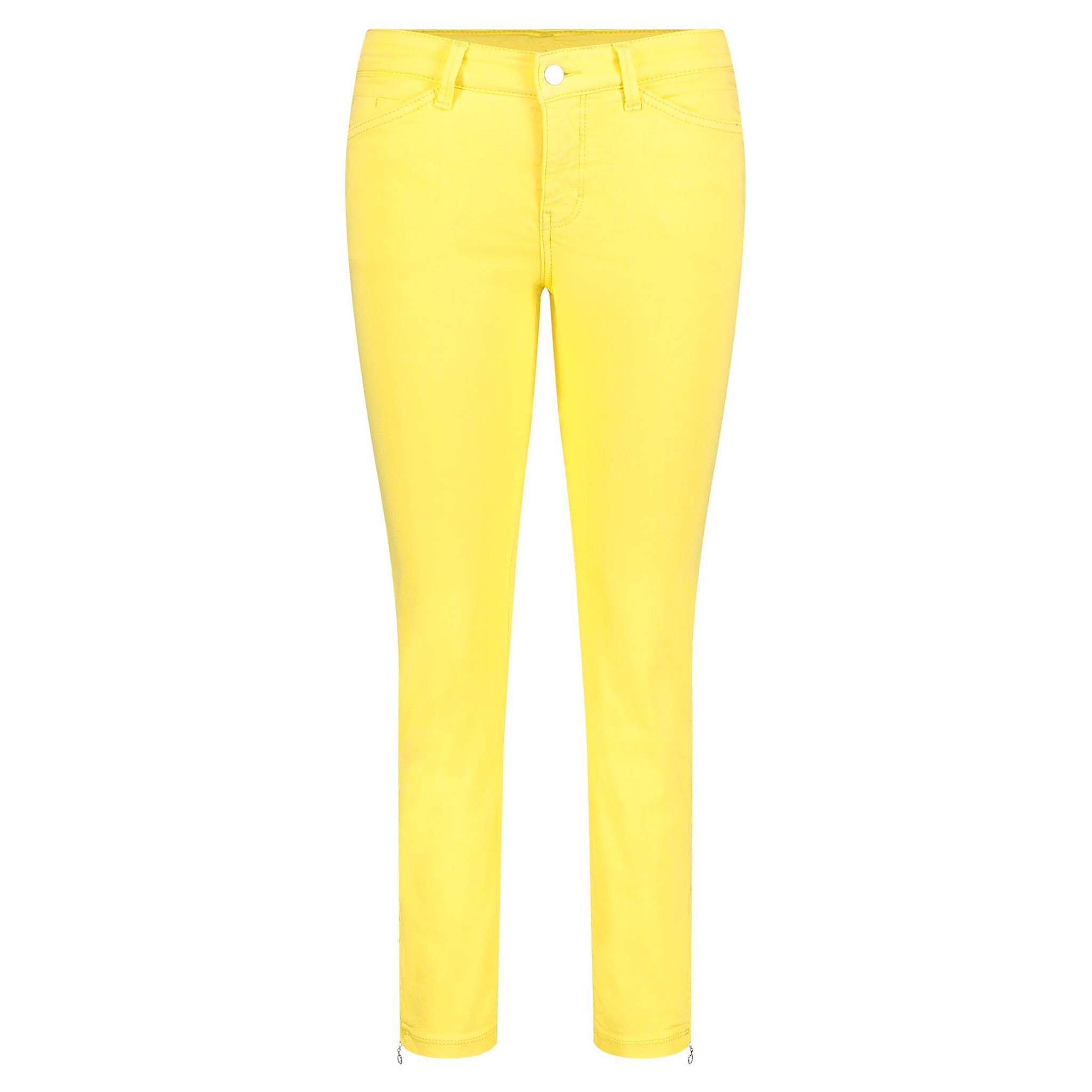Macin kapealahkeiset, keltaiset farkut, malli Dream Chic Sunny Yellow. Lahkeensuissa vetoketjut. Etukuva.