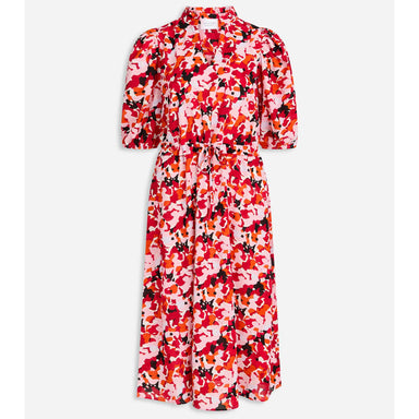 Sisters Point, kuviollinen, värikäs, pitkä mekko. Värissä mm. punaisen eri sävyjä. Etukuva.