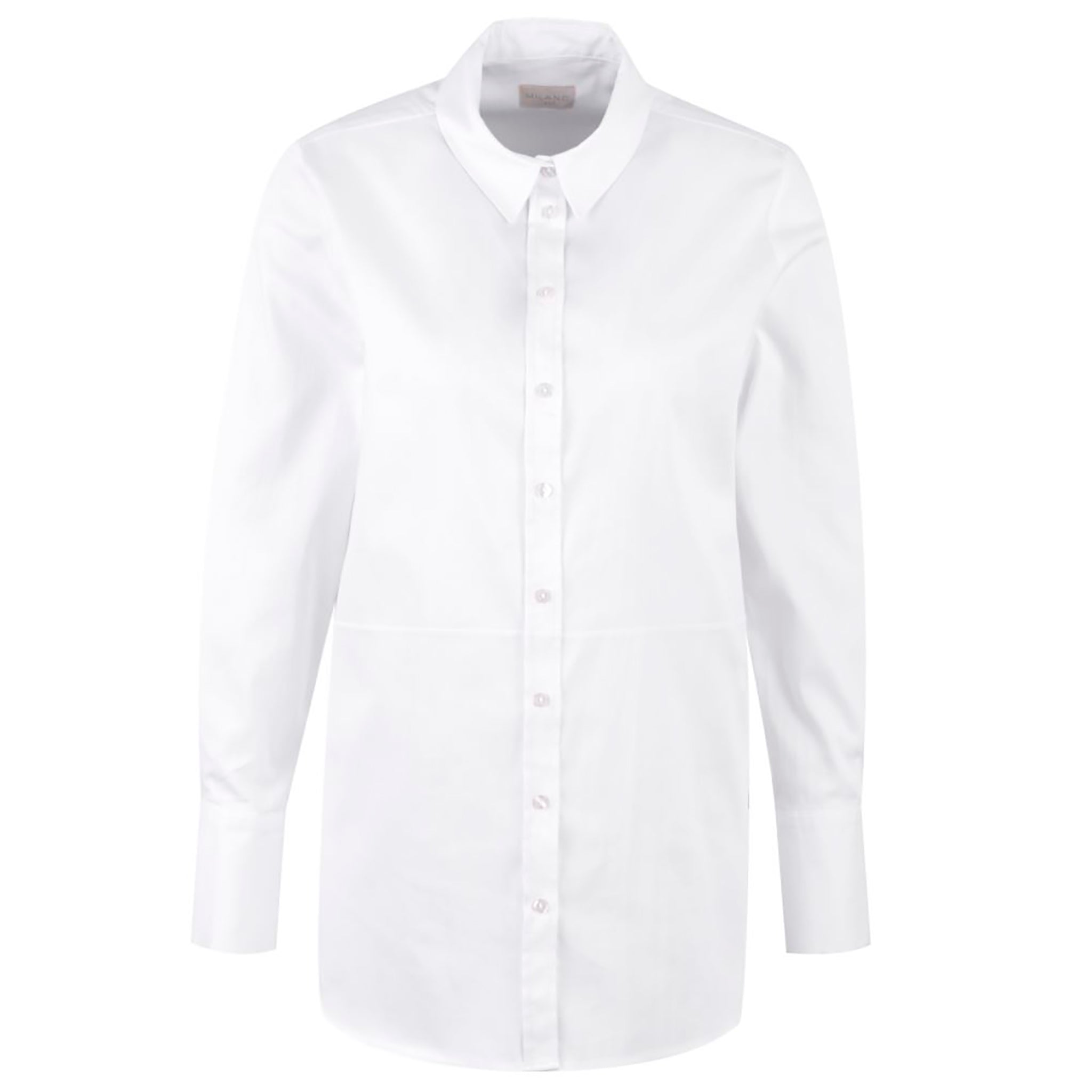Milanon valkoinen, naisten paitapusero. Pitkät hihat ja leveät, käännettävät kalvosimet.