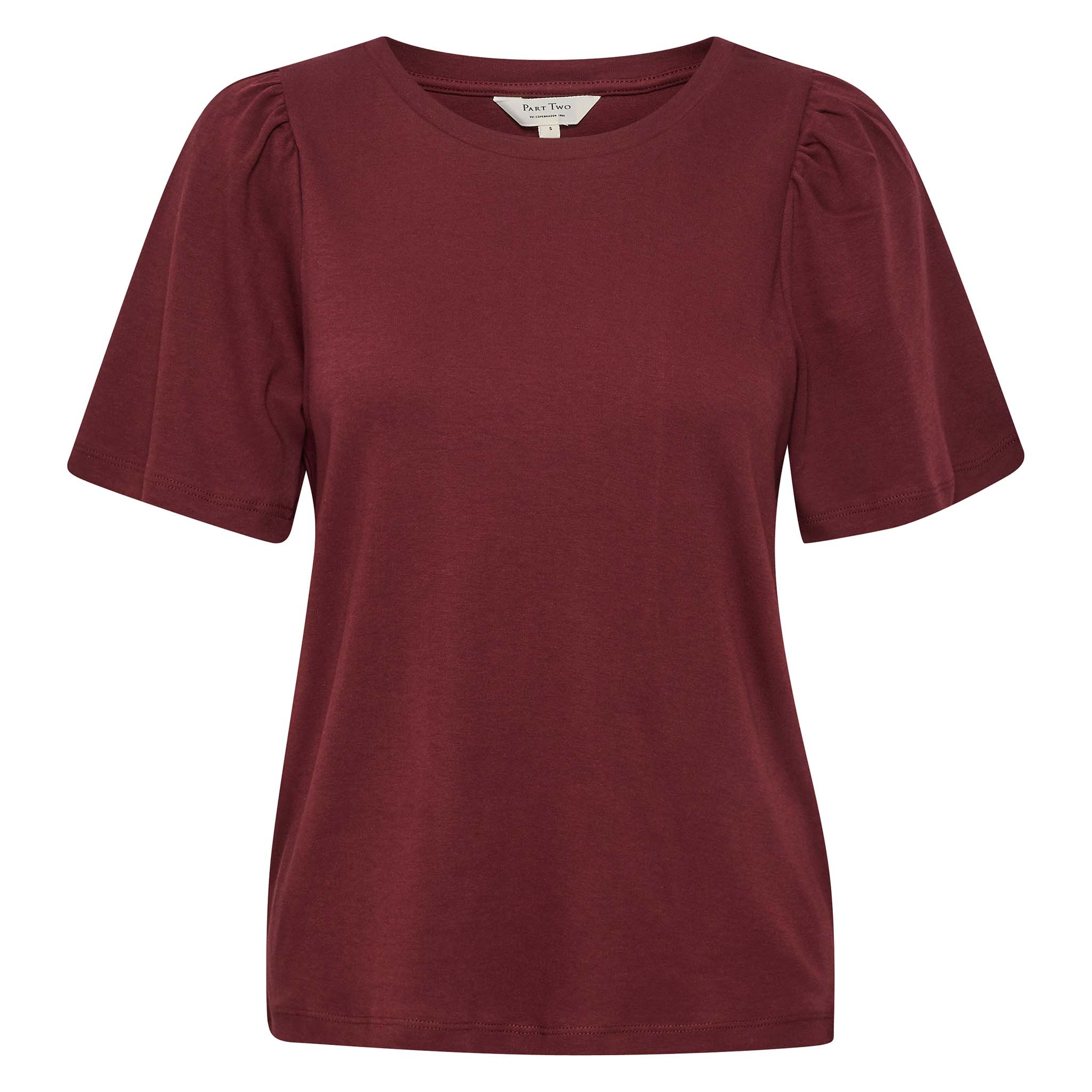 Part Two, naisten viininpunainen T-paita. Hihoissa runsas poimutus. Etukuva.