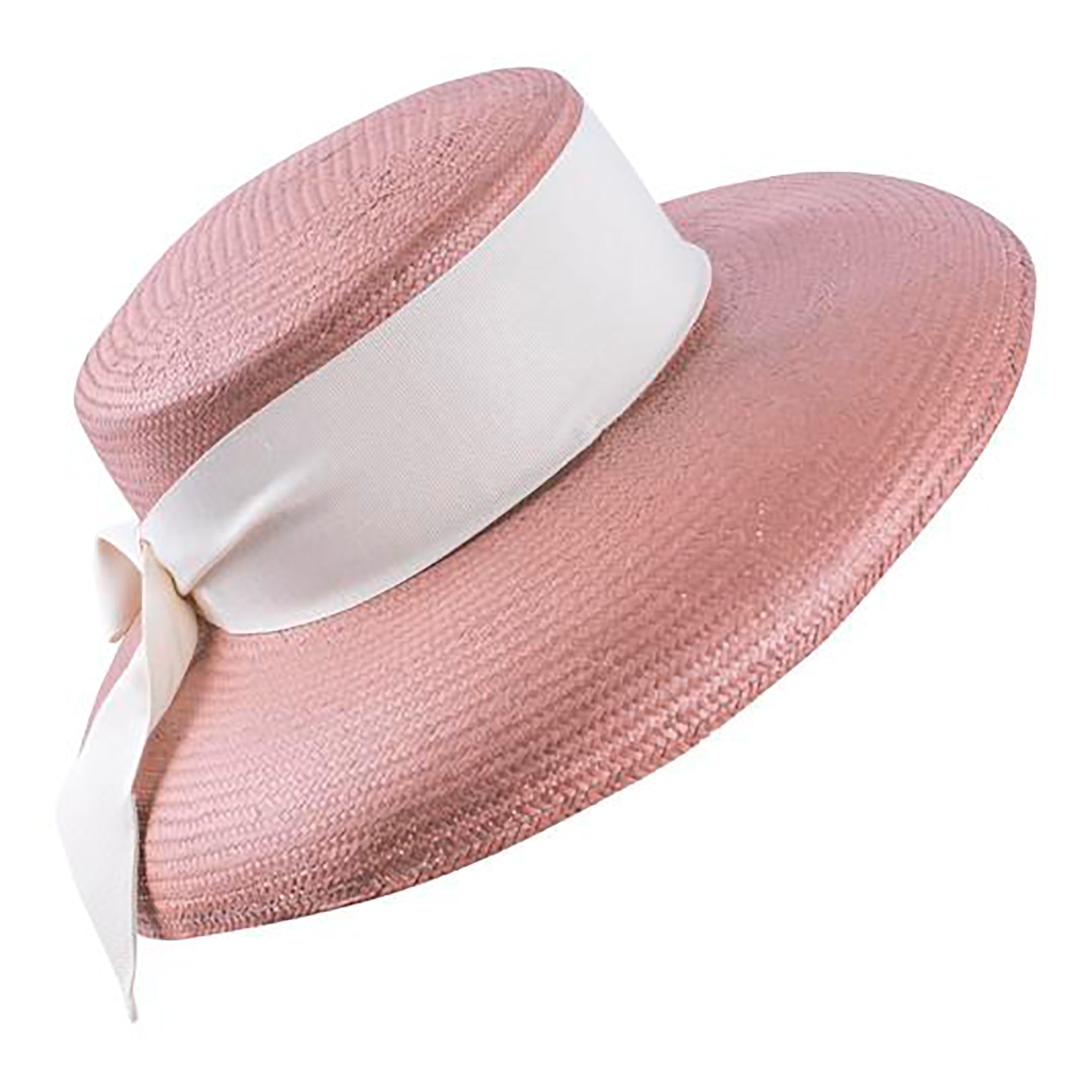 Kati Niemen leveälierinen hattu. Väri pinkki / ruskea. Somisteena valkoinen, leveä nauha ja rusetti.