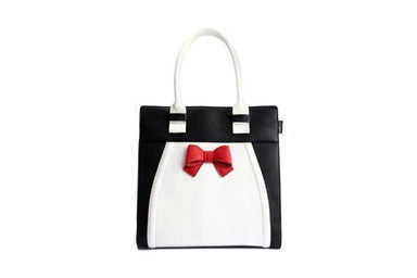 Lola Ramonan suloinen käsilaukku, malli Angel Red Bow. Mustavalkoinen laukku, jossa edessä punainen rusetti.