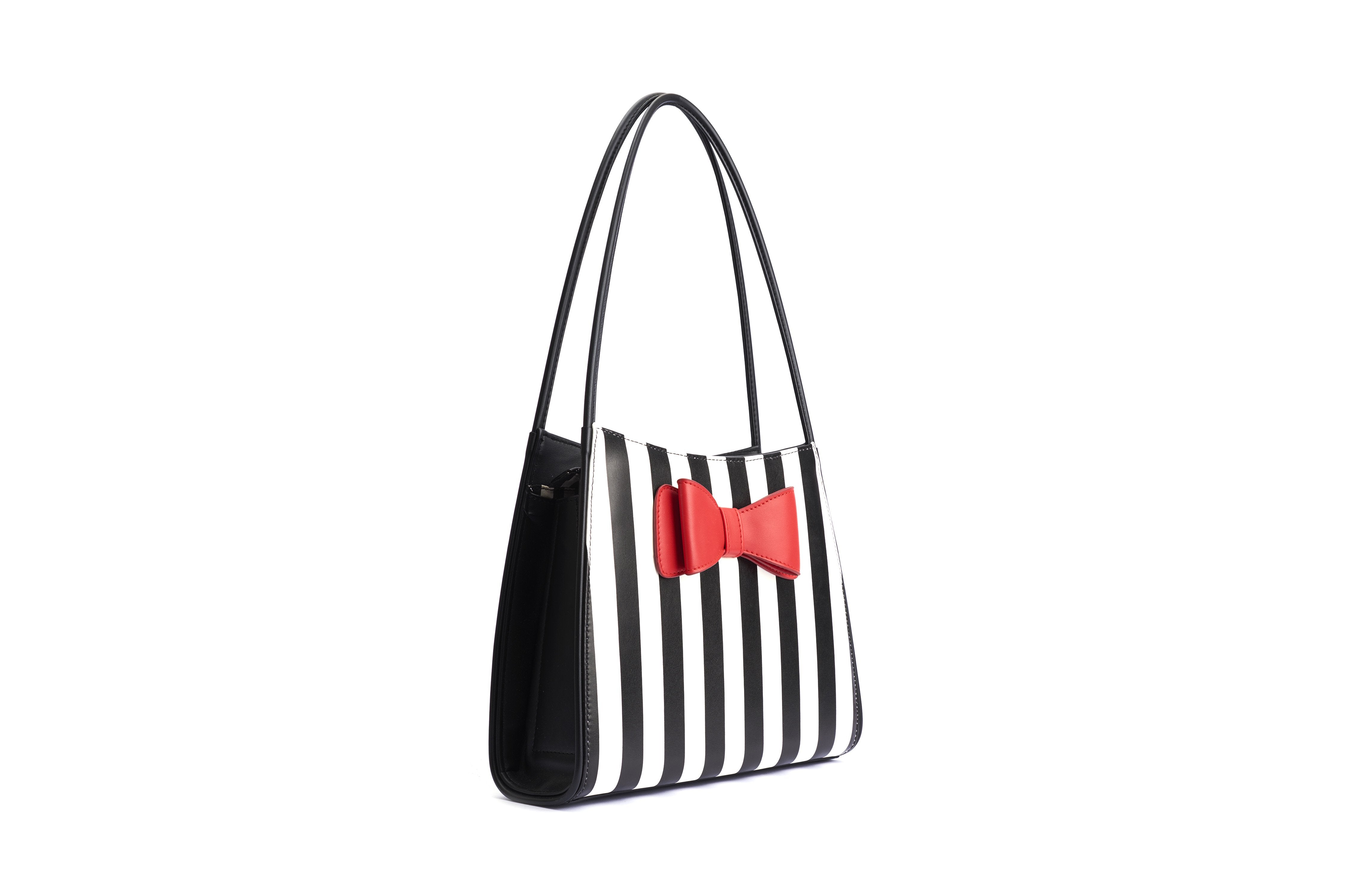 Raidallinen, mustavalkoinen käsilaukku Lola Ramonalta, malli Yvette Striped Red Bow. Sivukuva.